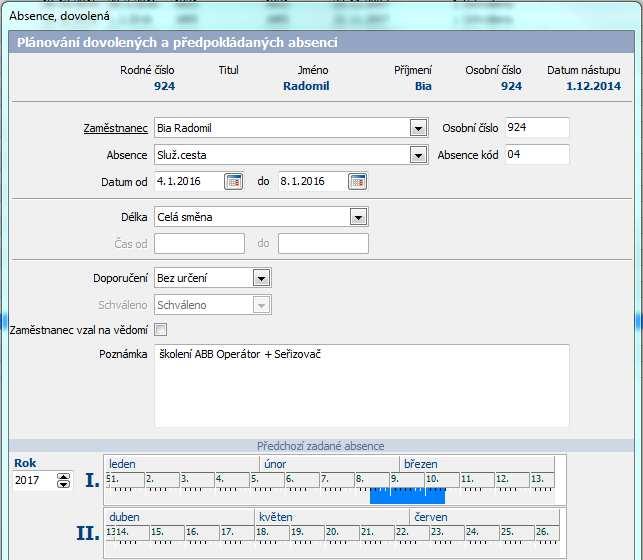 Plánování absencí Kompletní workflow pro plánování/schvalování absencí (například dovolená), nebo služebních cest. S modulem E-PORTÁL PLUS zahrnuje automatický mailing.