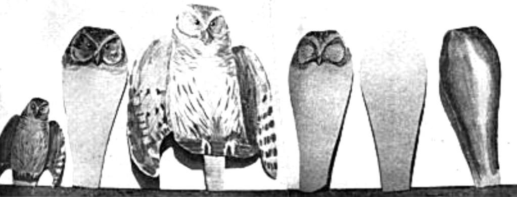 Obrázek 9: Papírové modely sov. Zleva doprava: 1. Model poloviční velikosti. 2. Model hlavy. 3. Nejrealističtější model. 4. Hlava bez očí. 5. Obrys sovy. 6.