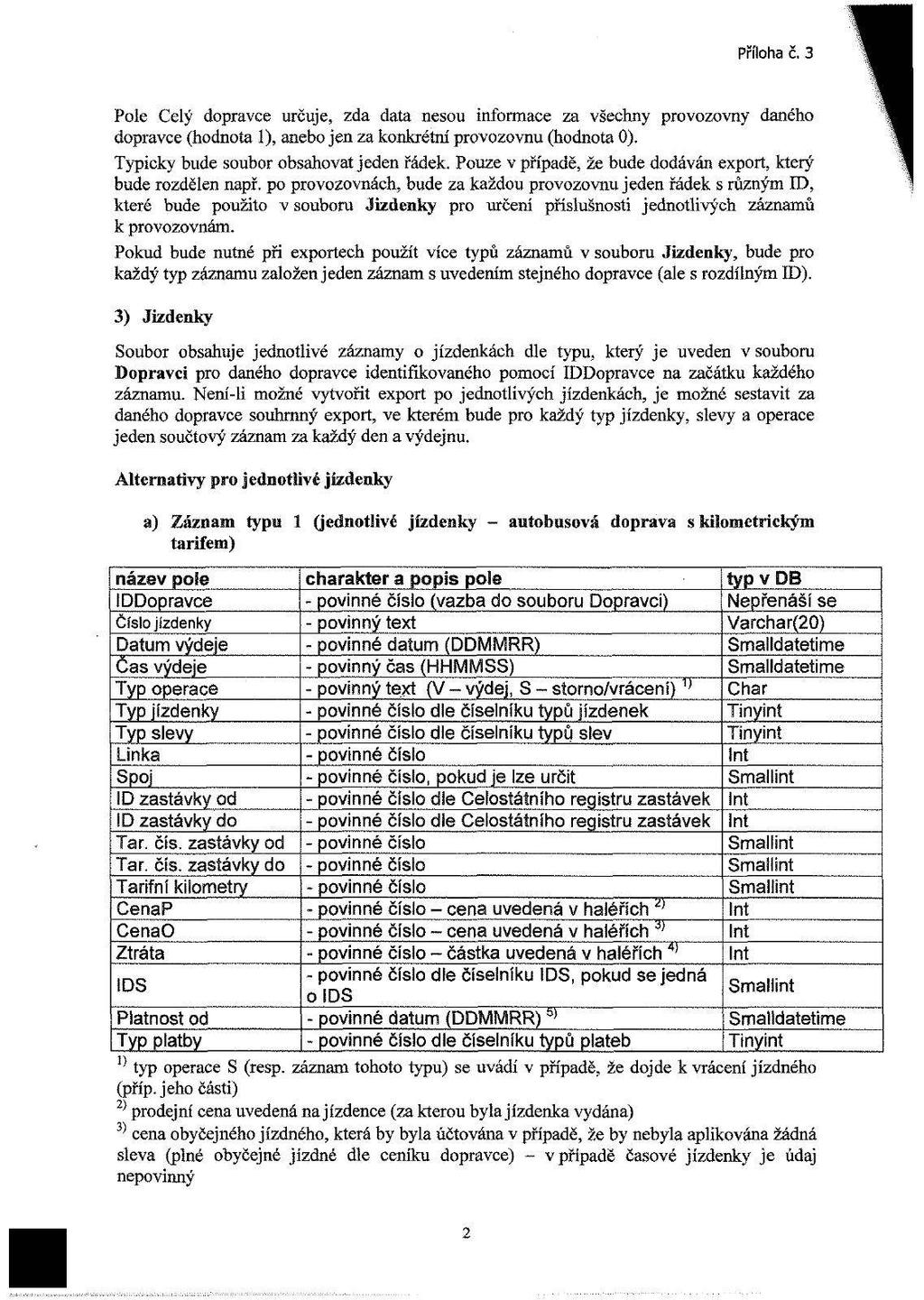 Příloha č. 3 Pole Celý dopravce určuje, zda data nesou informace za všechny provozovny daného dopravce (hodnota 1), anebo jen za konkrétní provozovnu (hodnota 0).