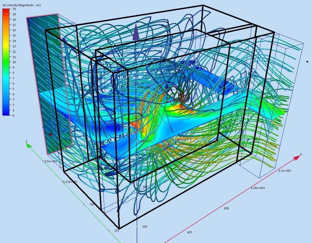 10. Jak to dělá konkurence: Příklad výpočtu pomocí proudového modelování (CFD): Tepelné čerpadlo, průtok 7200 m 3 /h, sání a výtlak otvory