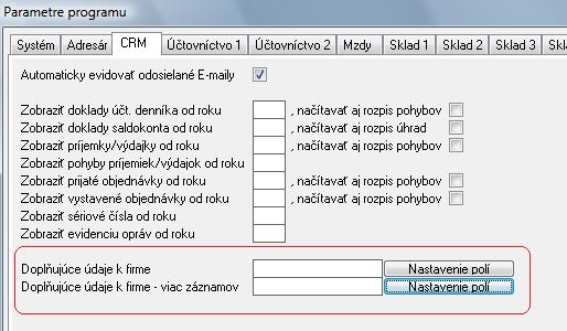 Pomocou nového modulu CRM je možné v Adresári firiem si navoliť nové záložky s doplňujúcimi údajmi na základe Vašich vlastných potrieb.