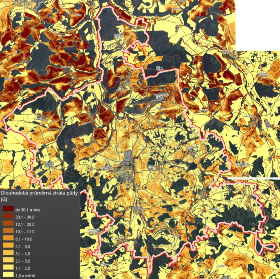 Obrázek 5 OHROŽENOST VODNÍ EROZÍ VE SPRÁVNÍM ÚZEMÍ PETROVIC zdroj: SOWAC GIS Všechna protierozní opatření úzce souvisí s podporou retence a optimalizací vodního režimu krajiny (a obráceně).