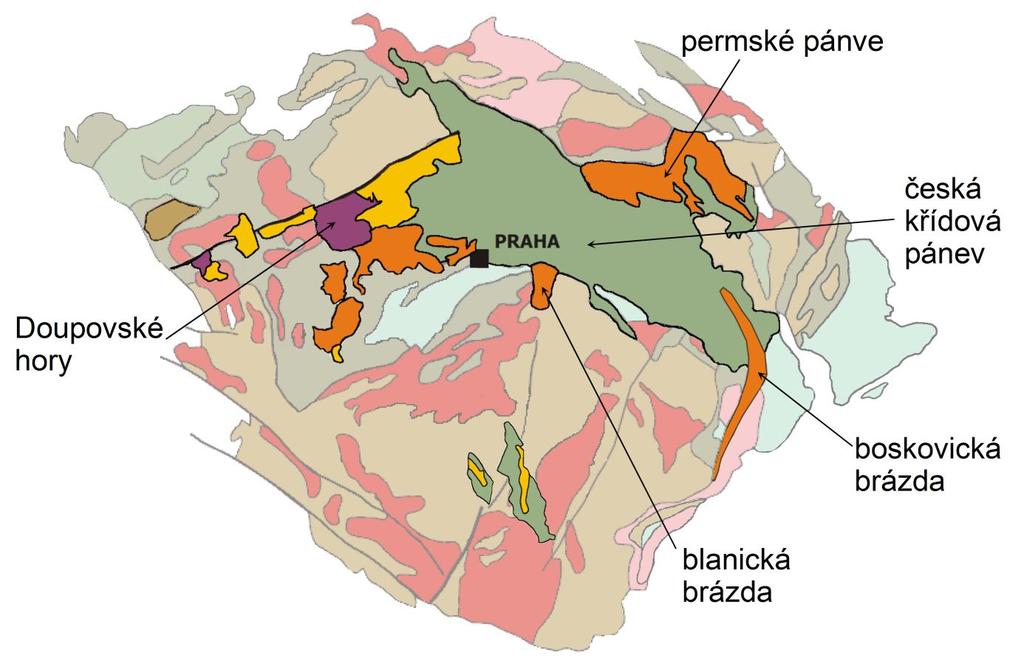 3 Platformní pokryv Schematická a zjednodušená geologická mapa platformního pokryvu: Terciérní sedimenty Permokarbonské sedimenty a vulkanity Terciérní vulkanity Křídové sedimenty Obrázek 6