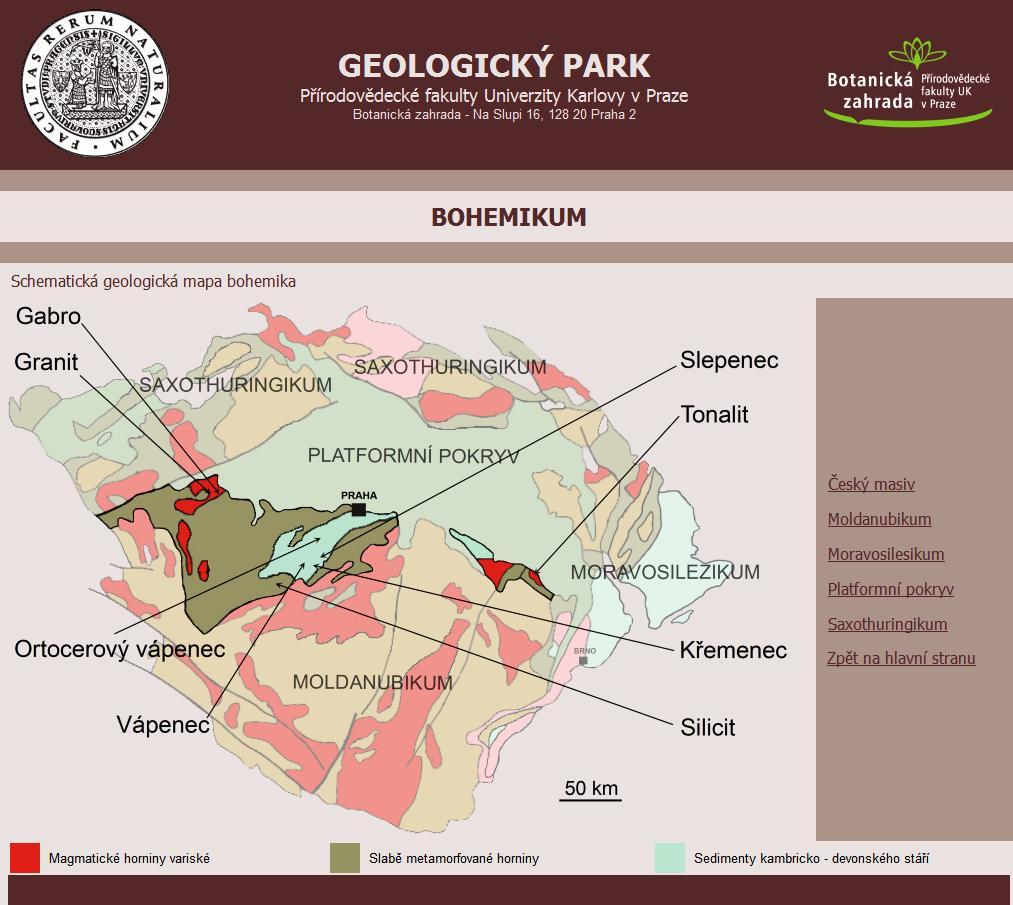 2.3 Stránky s popisy hornin jednotlivých oblastí Českého masivu Popis hornin začíná zjednodušenou schematickou geologickou mapkou (Obrázek 18), ve které je zřetelně barevně odlišena popisovaná oblast