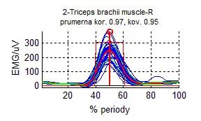 Obr. 27 Obálky EMG z jednotlivých pohybových cyklů interpolované na jednotnou délku 0 až 100 % cyklu (modře) a jejich průměr průměrná obálka (červeně, tučně).