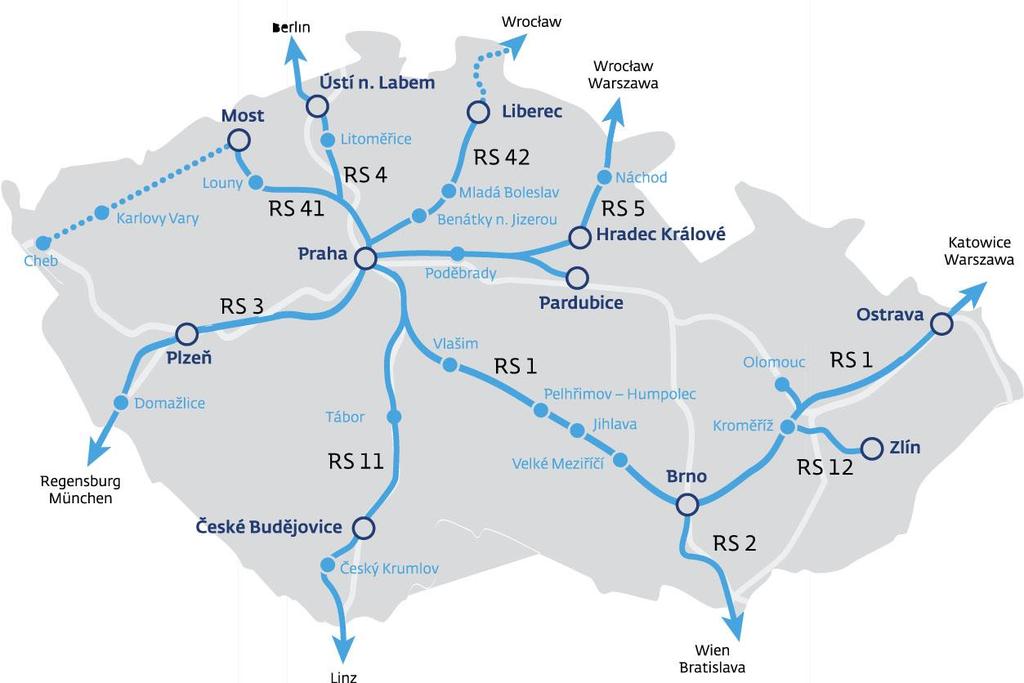 Program rozvoje Rychlých spojení v ČR Moravská část: - novostavba vysokorychlostní trati Praha Brno RS1 - novostavba vysokorychlostní trati Brno Vranovice RS2 - modernizovaná