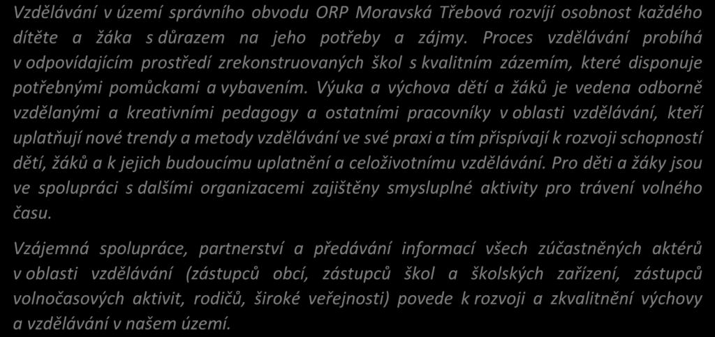 1 STRATEGICKÁ ČÁST - STRATEGICKÝ RÁMEC MAP 1.1 Vize Vzdělávání v území správního obvodu ORP Moravská Třebová rozvíjí osobnost každého dítěte a žáka s důrazem na jeho potřeby a zájmy.