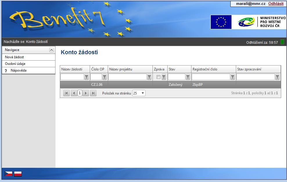 Konto žádostí Po přihlášení uživatele do aplikace Benefit7 se zobrazí nabídka Konto žádostí, kde je kompletní seznam všech příjemcem vytvořených projektových žádostí a projektových žádostí, ke kterým