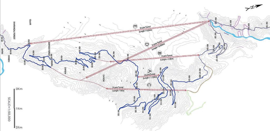 Obr. 2 Situace, umístění tunelů Celkové náklady byly odhadovány na 2000 mil. USD, cestovní čas mezi oběma městy by měl být zredukován z 8 10 hod. na 5 6 hod.