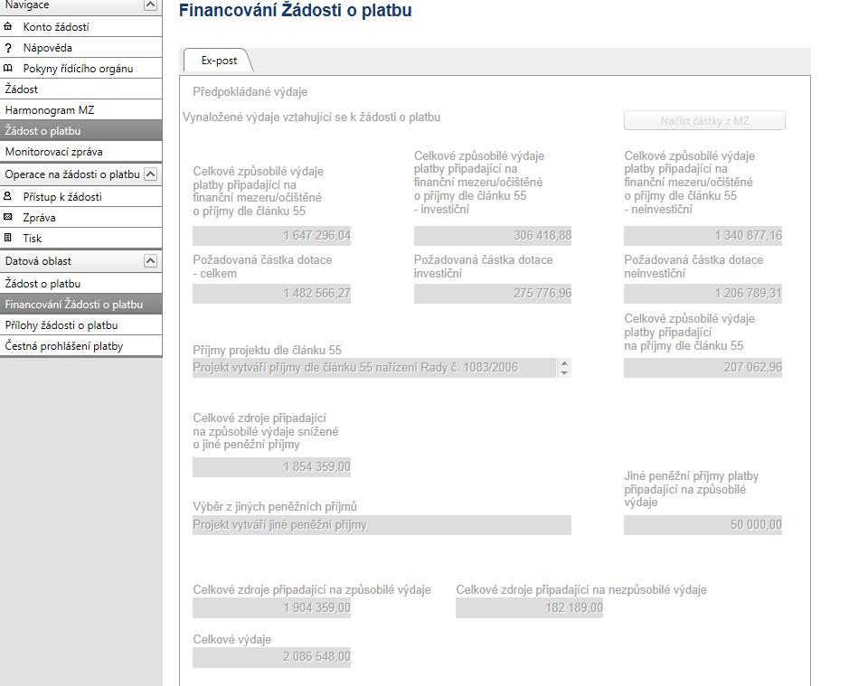 Částky je nutno zkontrolovat, zda odpovídají datům z monitorovací zprávy Po uložení dat se