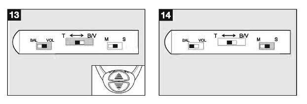 Nastavení tónu: posuvný přepínač BAL VOL na VOL. Posuvný přepínač T B/V na T. Stisknutím tlačítka + potlačíte basy a zvýrazníte výšky. Stisknutím tlačítka - potlačíte výšky a zvýrazníte basy.