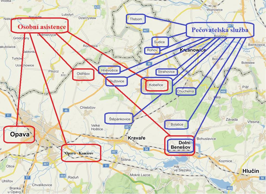 Působnost DomA-domácí asistence v roce 2016: Pečovatelskou službu jsme poskytli v těchto obcích: Bolatice, Dolní Benešov, Hněvošice, Chuchelná, Kobeřice, Rohov, Služovice,