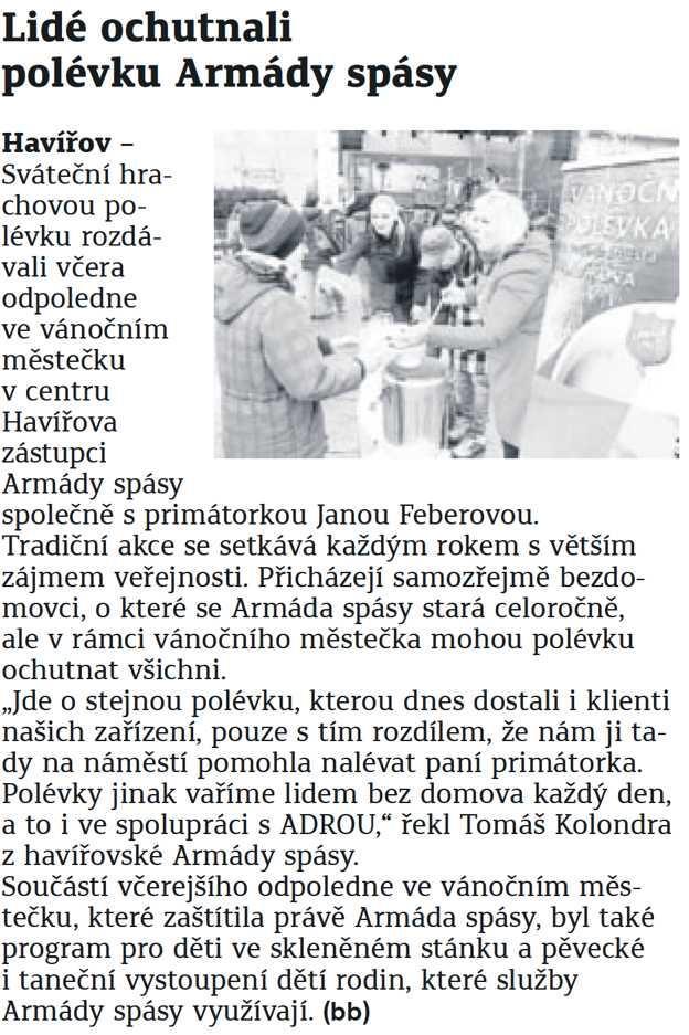 Karvinský a havířovský deník Lidé ochutnali polévku Armády spásy 7.12.2017 Karvinský a havířovský deník str.