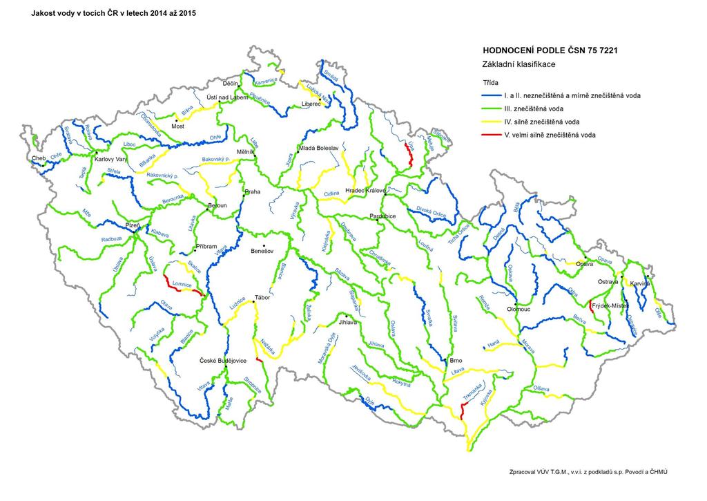 Jakost vody v tocích ČR v letech 2014-2015 HODNOCENÍ PODLE ČSN 75 7221 Základní klasifikace I. třída: neznečištěná voda II.