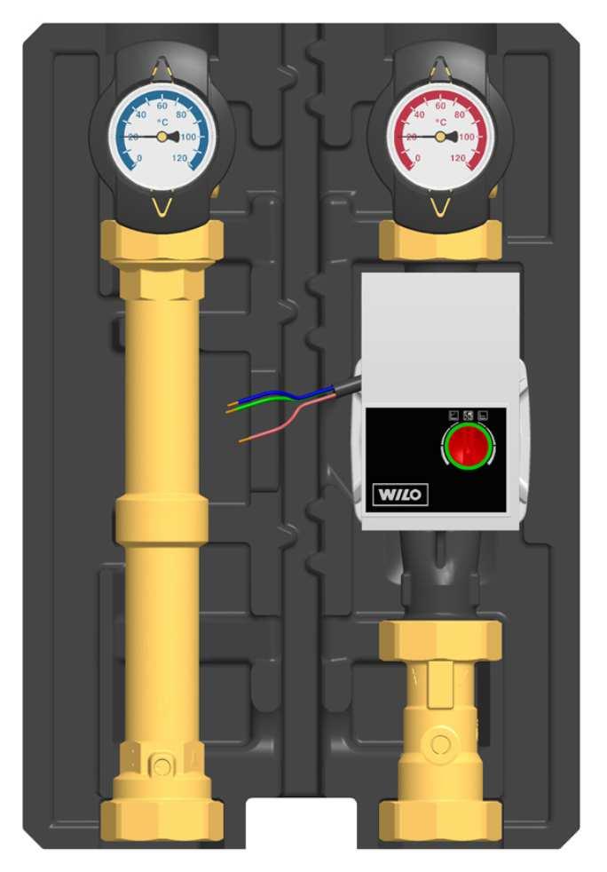 RMS M31 Eco DN25, Yonos Para 25/6 dostupný v iba dimenzii DN 25 plnoprietokový guľový kohút integrované čerpadlo Willo Yonos Para 25/6 100% izolácia armatúr celokovový teplomer uzatvárateľné