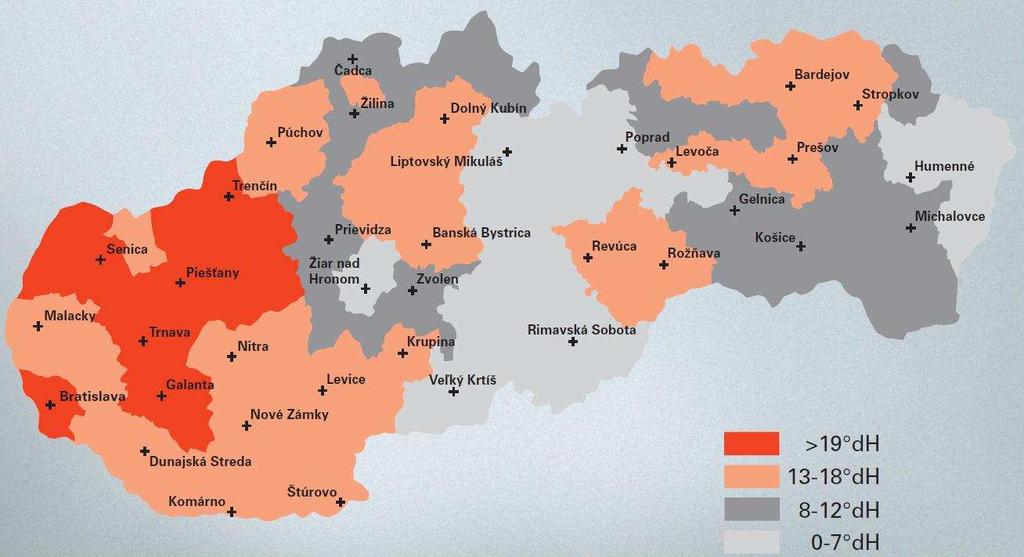 Mapa tvrdosti vody na Slovensku
