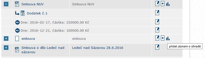 U smluv přenesených z VZ se úhrady zapisují nadále v sekci plnění smlouvy a automaticky se přenášejí do sekce Evidence smluv. Obrázek č.