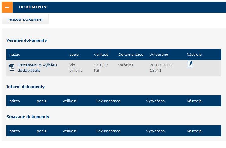 Obdobný detail je k dispozici pro všechny typy dokumentů: zadávací resp. kvalifikační dokumentace, interní a veřejné dokumenty, šablony organizace. Obrázek č.