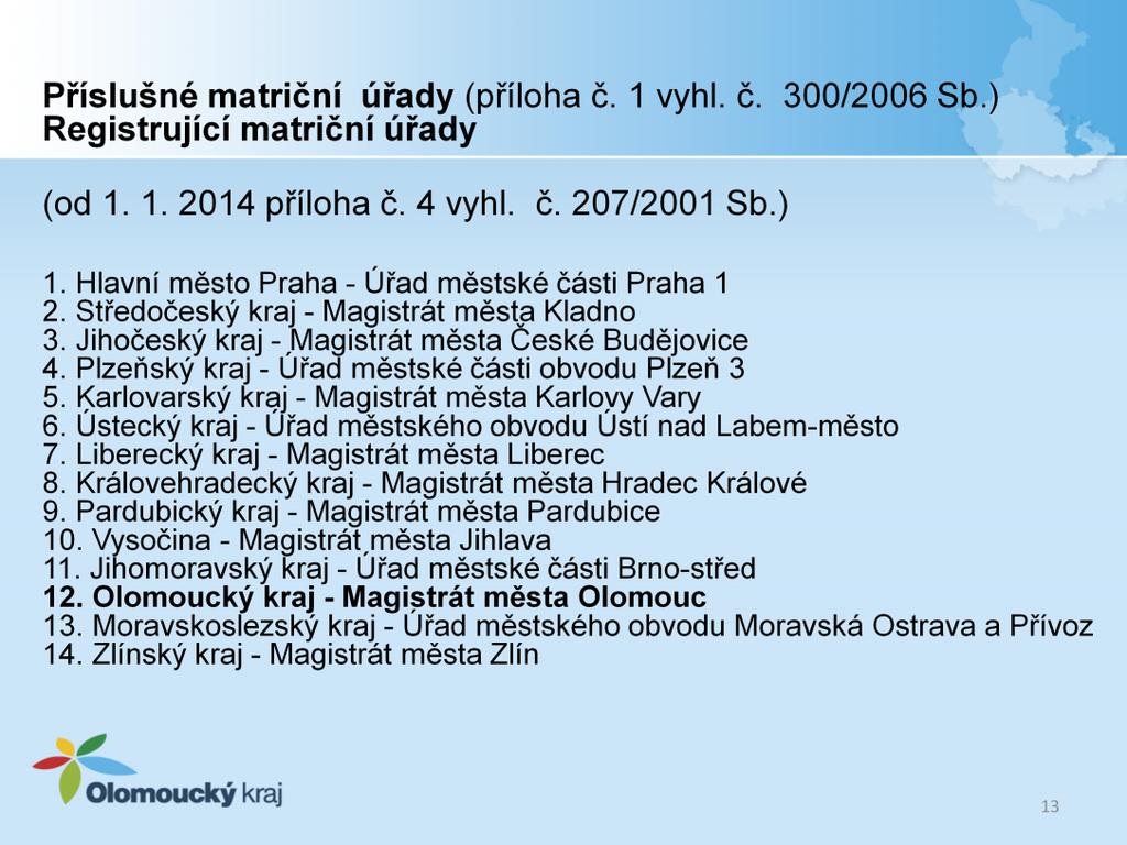 Příslušné registrující matriční úřady již nebudou uvedeny v příloze č. 1 vyhl. č. 300/2006 Sb. Jak tomu bylo dosud, ale budou zapracovány od 01.