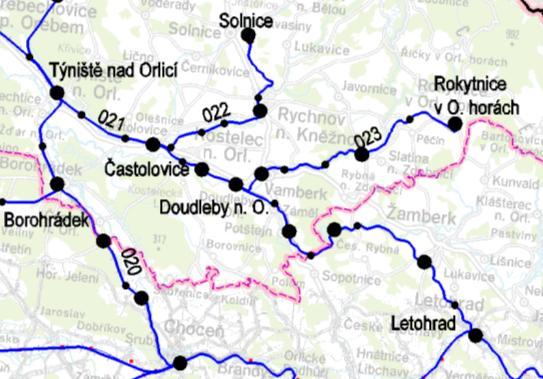 1.2.8 Trať 021/513A Týniště nad Orlicí - Letohrad Trať Týniště nad Orlicí (km 49,8) Častolovice (km 57,7) Doudleby nad Orlicí (km 64,3) Letohrad (km 90,0) je tratí celostátní s délkou 40,2 km, v celé