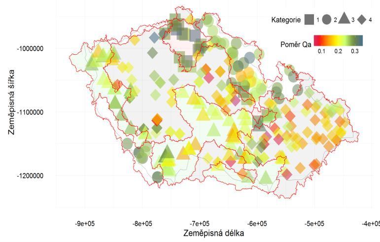 Praha, 23. -24. červen 2016 Obr. 4 Plošné rozmístění poměru hodnoty MZP ku průtoku Q50% (hlavní sezóna) Na Obr.