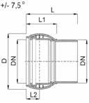 RV DN 600 Kulový kloub 0-7,5 EAN KÓD EAN DN L(mm) L1(mm) L2(mm) PALETA 405283614003 661400 kyvné hrdlo DN 160 205 122 53 1 405283614102 661410 kyvné hrdlo DN 200 245 146 63 1