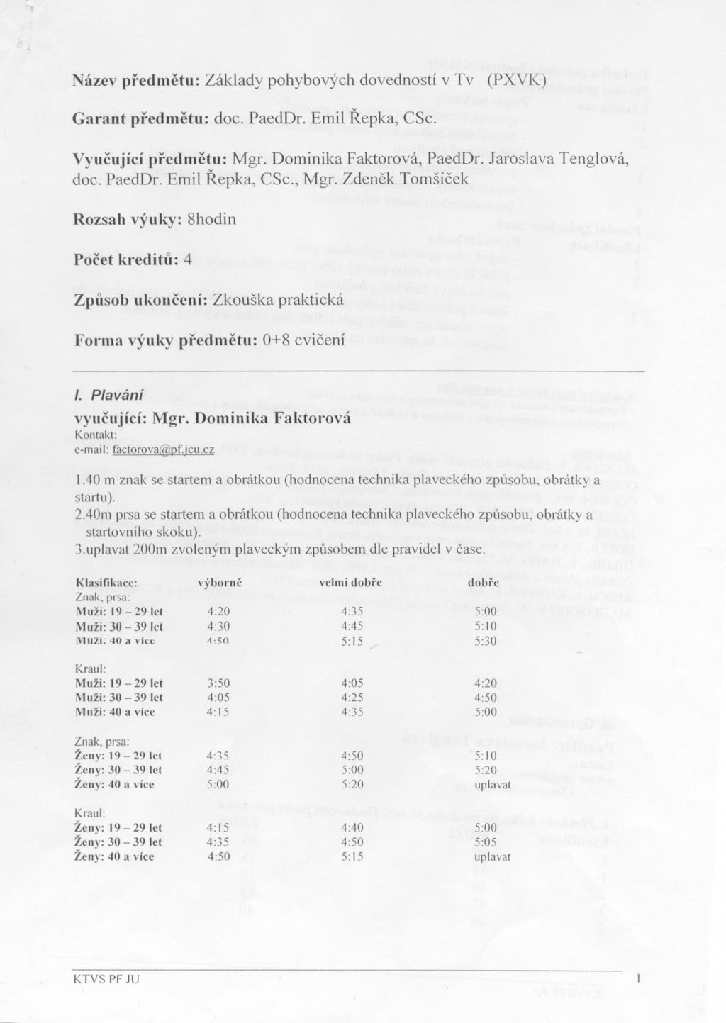 Název predmetu: Základy pohybových dovedností v Tv (PXVK) Garant predmetu: doc. PaedDr. Emil Repka, CSc. Vyucující predmetu: Mgr. Dominika Faktorová, PaedDr. Jaroslava Tenglová, doc. PaedDr. Emil Repka, CSc., Mgr.