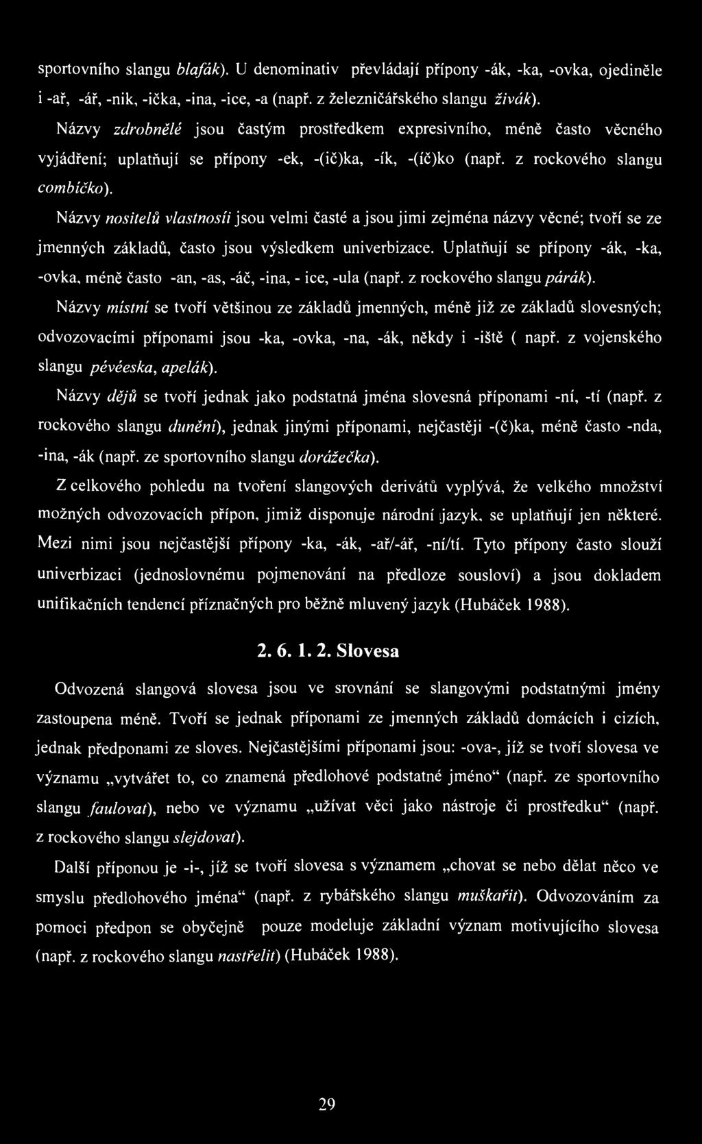 sportovního slangu blafák). U denominatív převládají přípony -ák, -ka, -ovka, ojediněle i -ař, -ář, -nik, -ička, -ina, -ice, -a (např. z železničářského slangu živák).