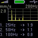 Spektrum do 200 Hz detekce nevývahy, uvolnění, nesouososti. Pokud graf obsahuje pouze jednu vysokou čáru na frekvenci otáček, pak se jedná o nevývahu.