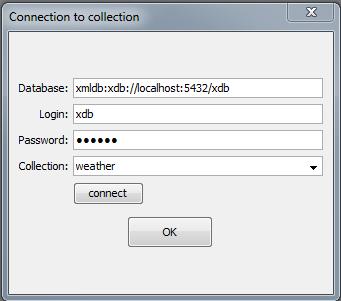 Ukázka aplikace Připojení k databázi a dotazování pomocí jazyka XPath Pokud se chceme připojit k databázi, po stisku tlačítka connect se nám objeví dialog, ve kterém lze zadat všechny potřebné údaje