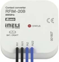 16 RFIM-0B, RFIM-40B Bezdrátový převodník kontaktu RFIM-0B apájecí napětí: Životnost baterie: Indikace přenosu / funkce: Počet vstupů: Frekvence: Způsob přenosu signálu: Dosah na volném prostranství: