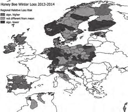 Průměrné zimní ztráty v 19 evropských zemích, Izraeli a Alžírsku během minulé zimy 2013/14 se pohybovaly kolem 9 %, s regionálními odchylkami směrem nahoru a dolů (nejsvětlejší barvou jsou označeny