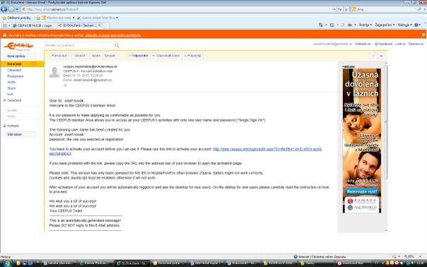 5 Nyní si otevřete svou emailovou schránku, otevřete si registrační email a klikněte na aktivační odkaz.