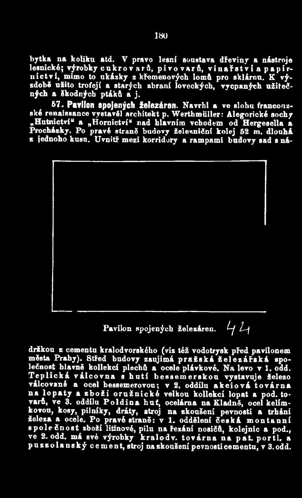 Po pravé straně budovy železniční kolej 52 m. dlouhá z jednoho kusu. Uvnitř mezi korridory a rampami budovy sad s ná- Pavilon spojených železáren.
