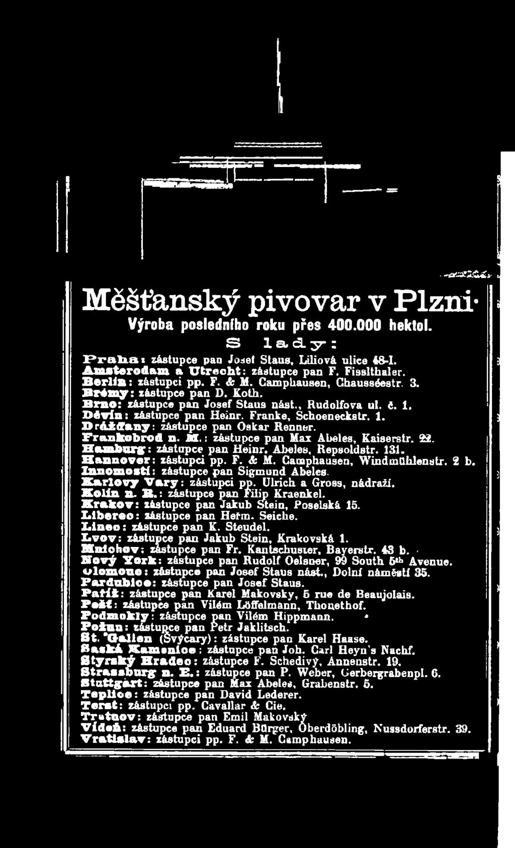 Z n n o m o s ti: zástupce pan Sigmund Ábeles. K a r l o v y V a r y : zástupci pp. Ulrich a Gross, nádraží. K o lín n. B. : zástupce pan Filip Kraenkel.