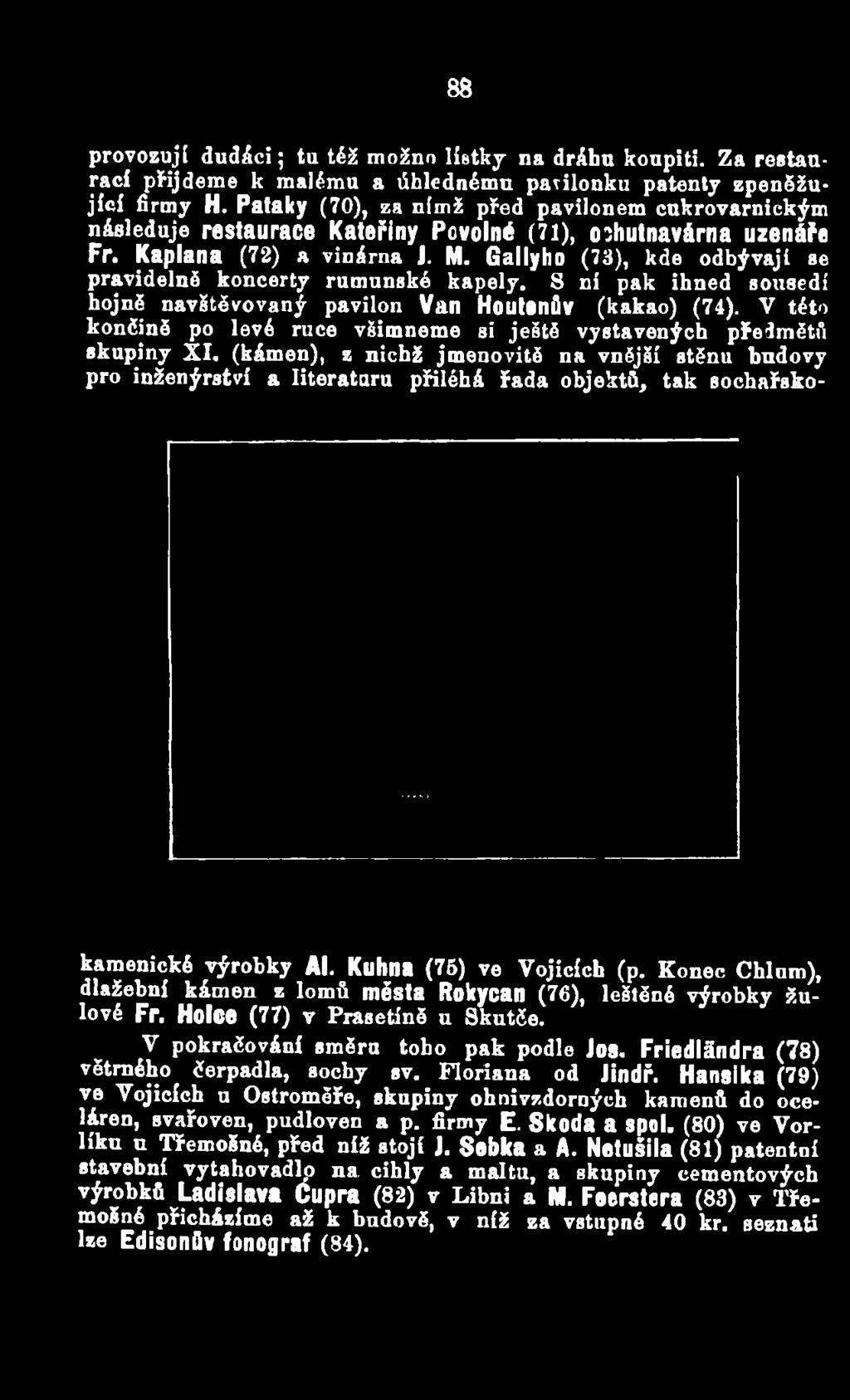 (kámen), z nichž jmenovitě na vnější stěnu budovy pro inženýrství a literaturu přiléhá řada objektů, tak sochařskokamenické výrobky AI. Kuhna (75) ve Vojicích (p.