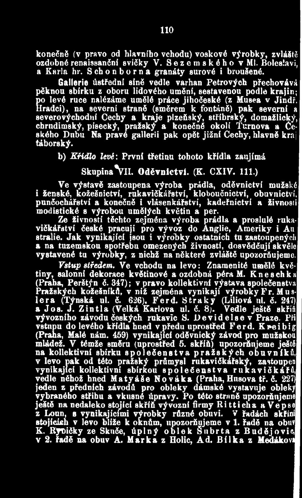 ) Ve výstavě zastoupena výroba prádla, oděvnictví mužské i ženské, kožešnictví, rukaviěkářství, kloboučnictvi, obuvnictví, punčochářství a konečně i vlásenkářství, kadeřnictví a živnosti modistické s