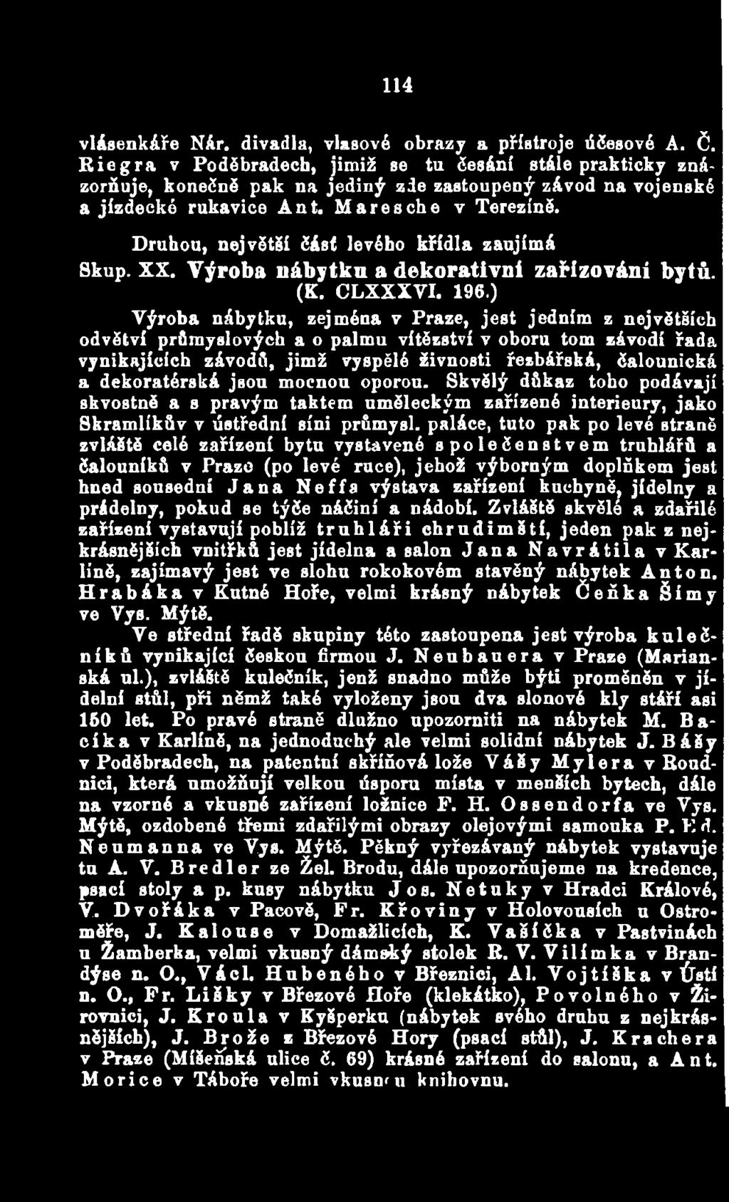 Druhou, největší část levého křídla zaujímá Skup. XX. Výroba nábytku a dekorativní zařizování bytů. (K. CLXXXVI. 196.
