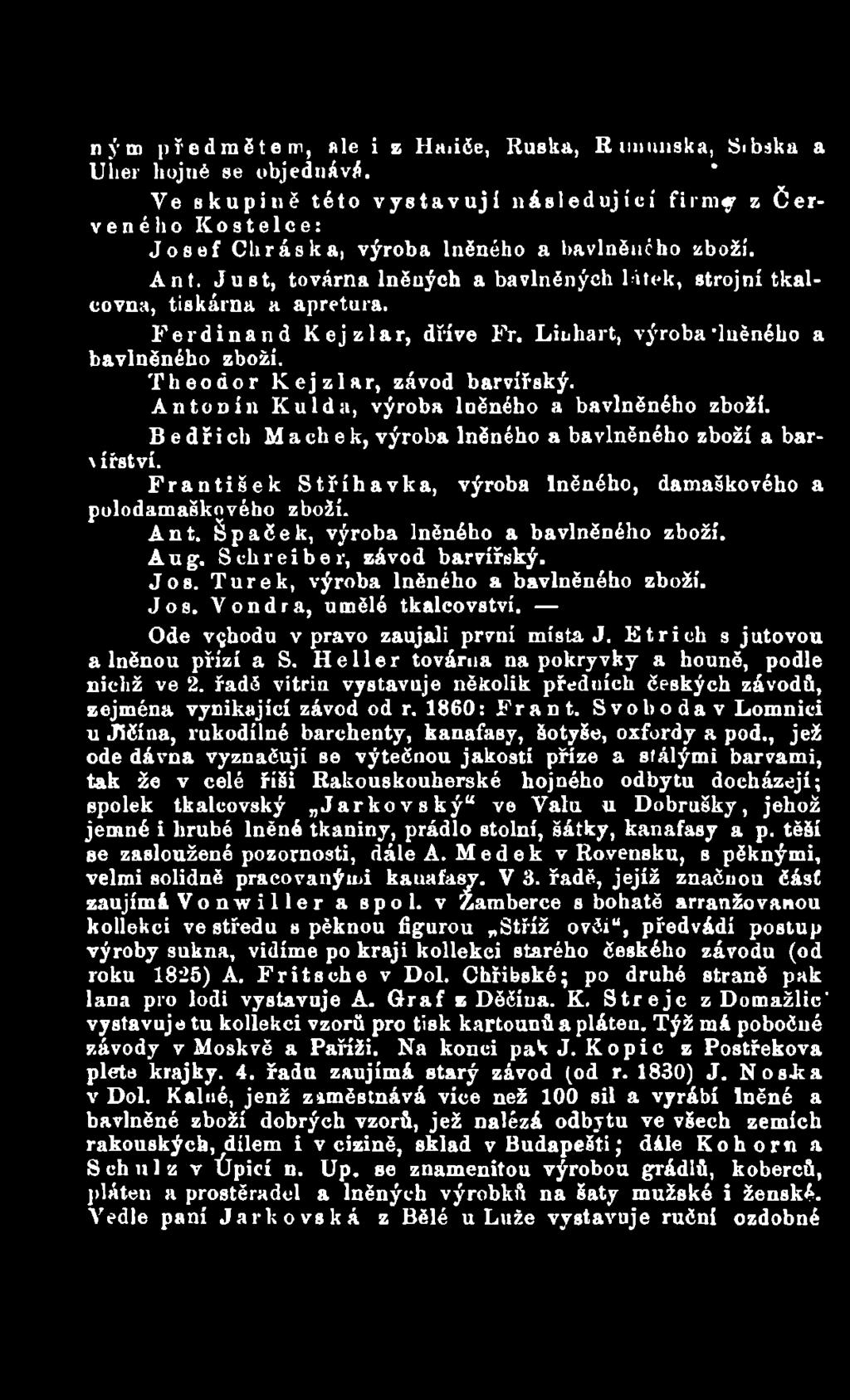 Ant. Špaček, výroba lněného a bavlněného zboží. Aug. Schreiber, závod barvířský. Jos. Turek, výroba lněného a bavlněného zboží. Jos. Vondra, umělé tkalcovství. Ode vchodu vpravo zaujali první místa J.