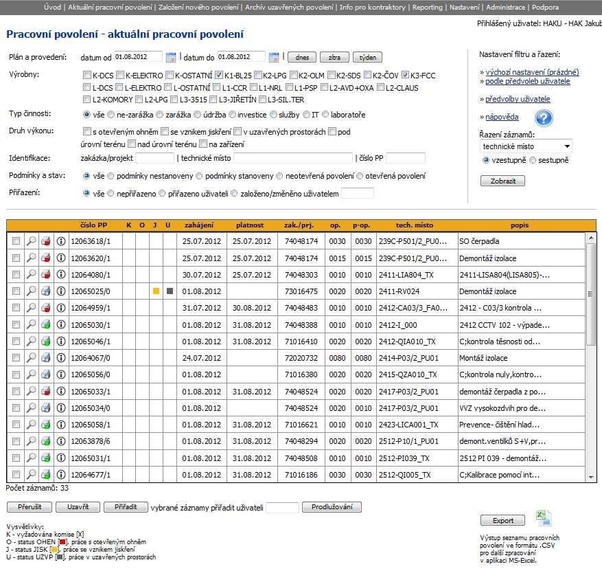 5.5. PŘÍJEMCE - Zadání aktuálních podmínek do pracovního povolení 5.5.1. Zobrazení obrazovky Aktuální pracovního povolení 1.