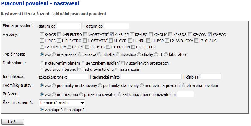 Předvolby uživatele lze nastavit z kterékoli záložky Aktuální pracovní povolení, Založení nového povolení, Archív uzavřených povolení přes odkaz předvolby
