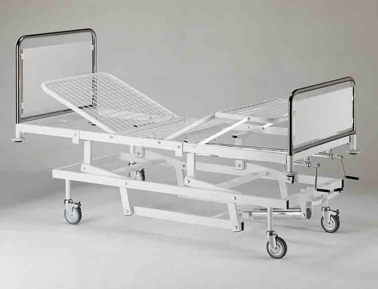 laminated plastic panels. Platform fitted with epoxy-painted steel weldmesh in four sections. Adjustable back-rest and leg-section by means of two independent, crancks with retractable handle.