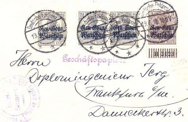 Celkem zásilka 10 ½ fen.pod známkami je zásilka označena Gescheftspapiere (obchodní papíry).