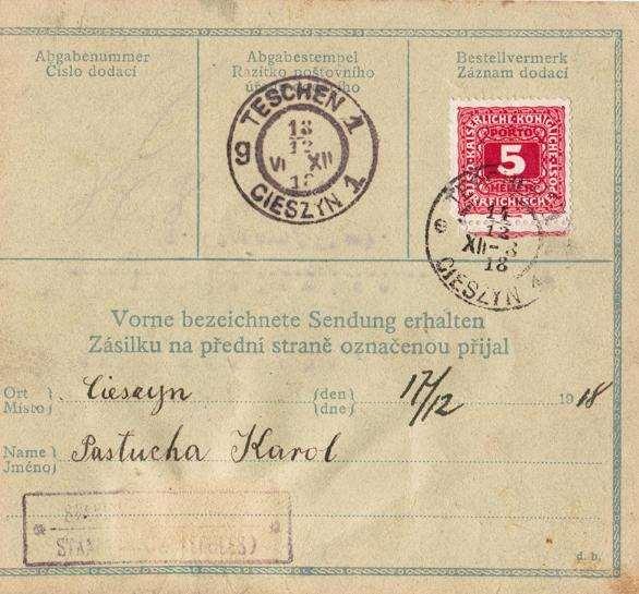 - 34 - Zadní strana balíkové průvodky. Balík byl vydán adresátovi 17.12.1918, což na dokladu stvrdil svým podpisem.