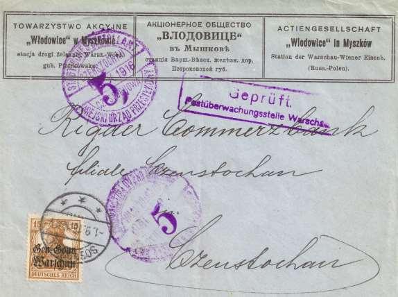 - 4 - Zásilka (jednoduchý korespondenční lístek Cp 1, vydání z 1.V.1915, přetisk Rusisch /Polen, zelená natińtěná známka 5 fen.