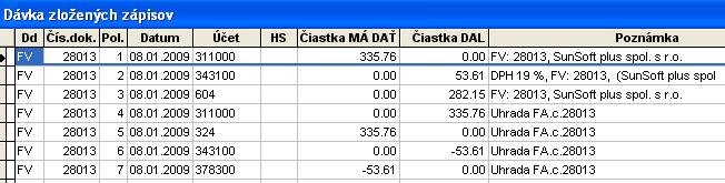 Vygeneruje sa účtovná dávka tejto faktúry V hlavnej knihe vidno, že táto tuzemská záloha je zúčtovaná V