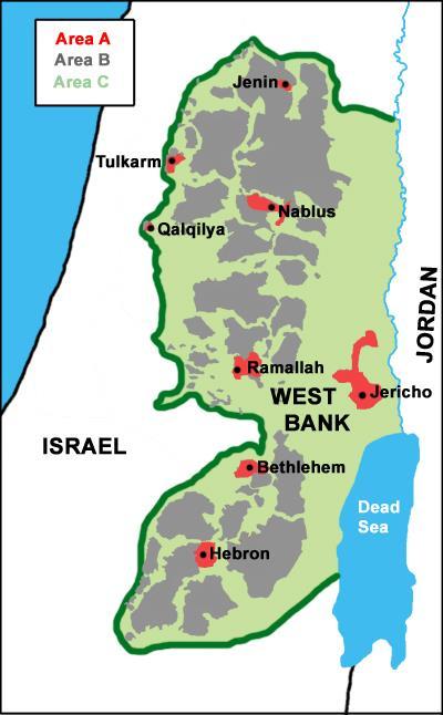 7) Rozdělení Západního břehu na zóny A, B, C dle Dohody z Osla, situace v roce 1999 Zdroj: