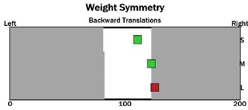 Graf č. 6 Vstupní Weight Symmetry grafické znázornění hodnot ze vstupního vyšetření z tabulky č. 5. S malé posuny plošiny, M střední posuny, L velké posuny.