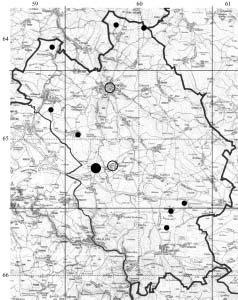 Maštera: Batrachofauna severovýchodní části okresu Jihlava Mapa 9: Rozšíření Rana kl. esculenta v zájmovém území. Map 9: Distribution of Rana kl. esculenta in the study area.