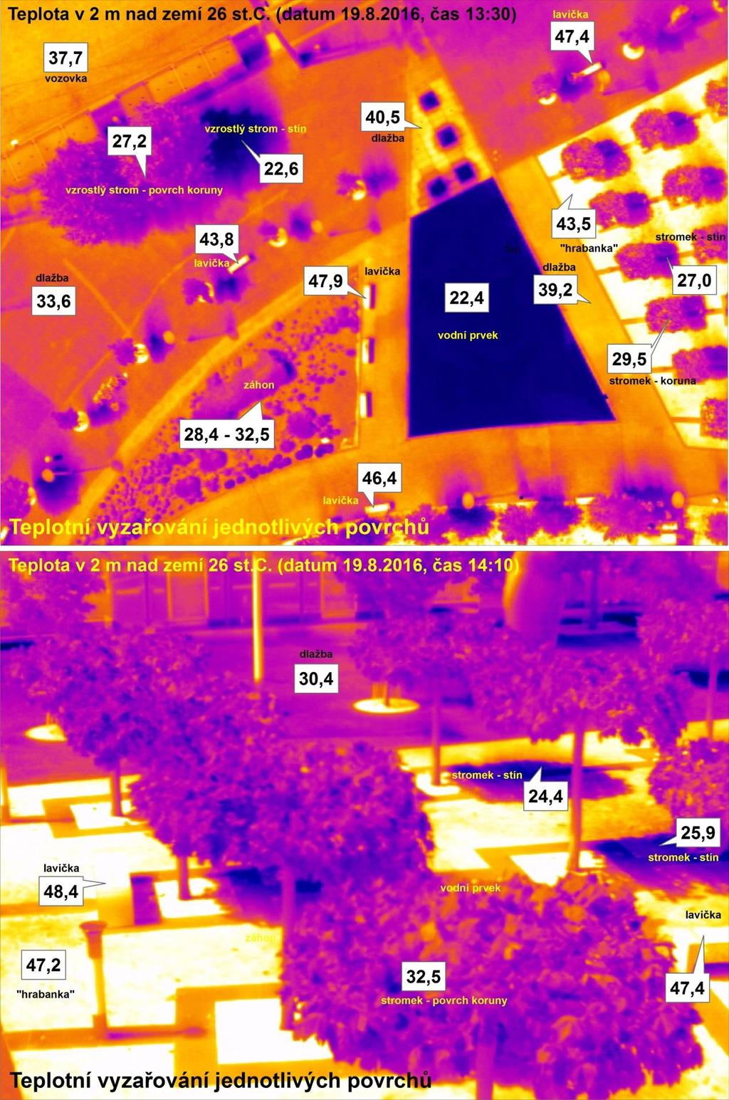Obrázek 10 Ukázka termovizního záznamu teplotní vyzařování jednotlivých materiálů při teplotě